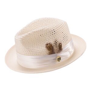 MONTIQUE MEN'S IVORY COLOR PINCH BRAIDED FEDORA WITH MATCHING SATIN RIBBON. H34